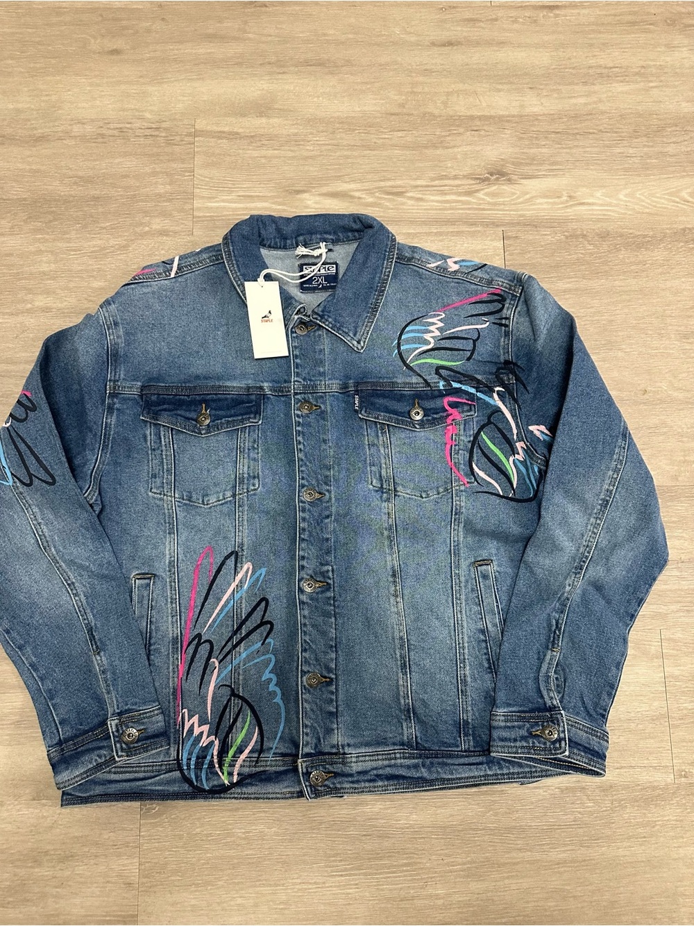 **NEW** Staple Blue Denim Jacket with Multicolor Wing Graphic Sz 2XL